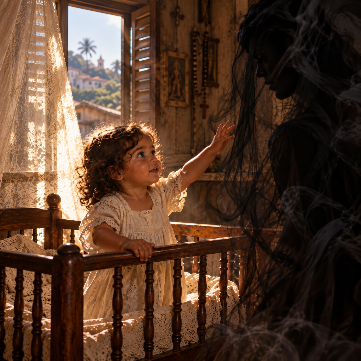 Artwork inspired by The Chosen Chapter Seven by Lupe Farkas, showing child Maria standing in her crib inside a wooden house during the day, reaching toward the shadowy figure of Zita.